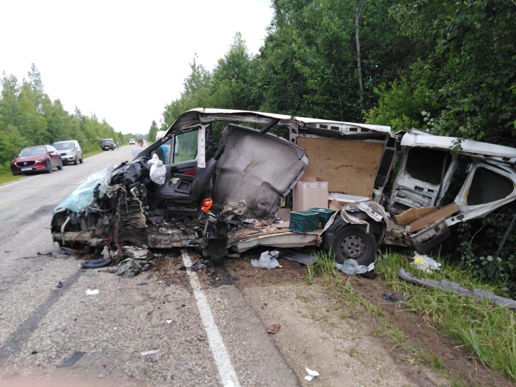 Два человека пострадали в лобовом столкновении фургона и лесовоза в Тверской области